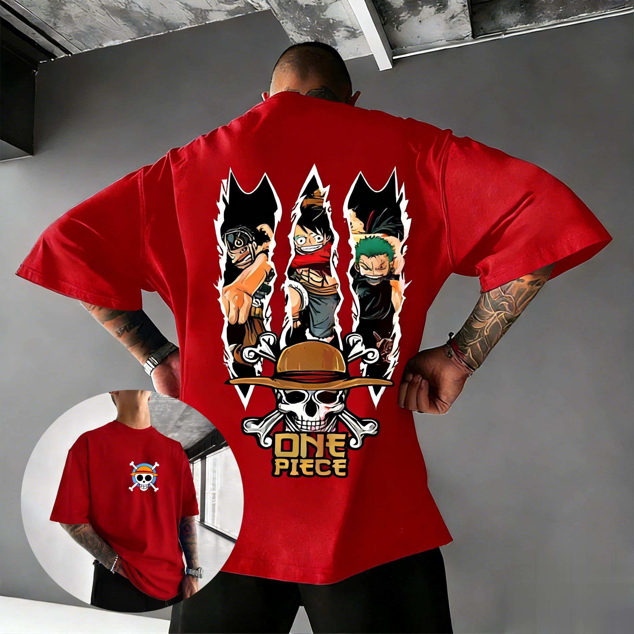 

One Piece Character Luffy Zoro and Sanjis Anime Print Shortsleeved Tshirt Street Casual Cotton Top with A Y2K Style 4XL