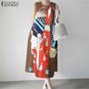 ZANZEA Vestido de playa informal sin mangas con cuello redondo y estampado de verano para mujer