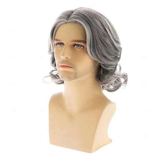 Short Curly Silver-gray Wig with Side Bangs Natural Looking Fluffy Halloween Costume Party Men Women Short