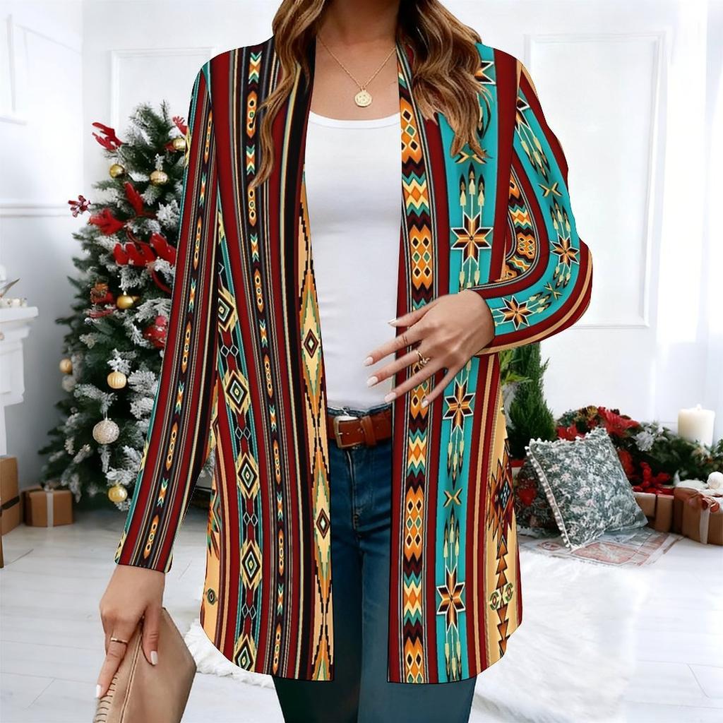 Women's Retro Kilim Motif 3D Print Long Sleeve Open Front Cardigan, Casual Loose Fit Lightweight Street Style Outerwear