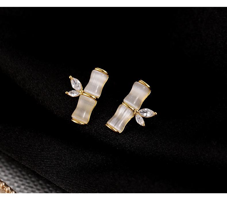 Banyan Tree S925 Silver Bamboo & Cat's Eye Stone Earrings for Women - Small Ancient Chinese Palace Style Design