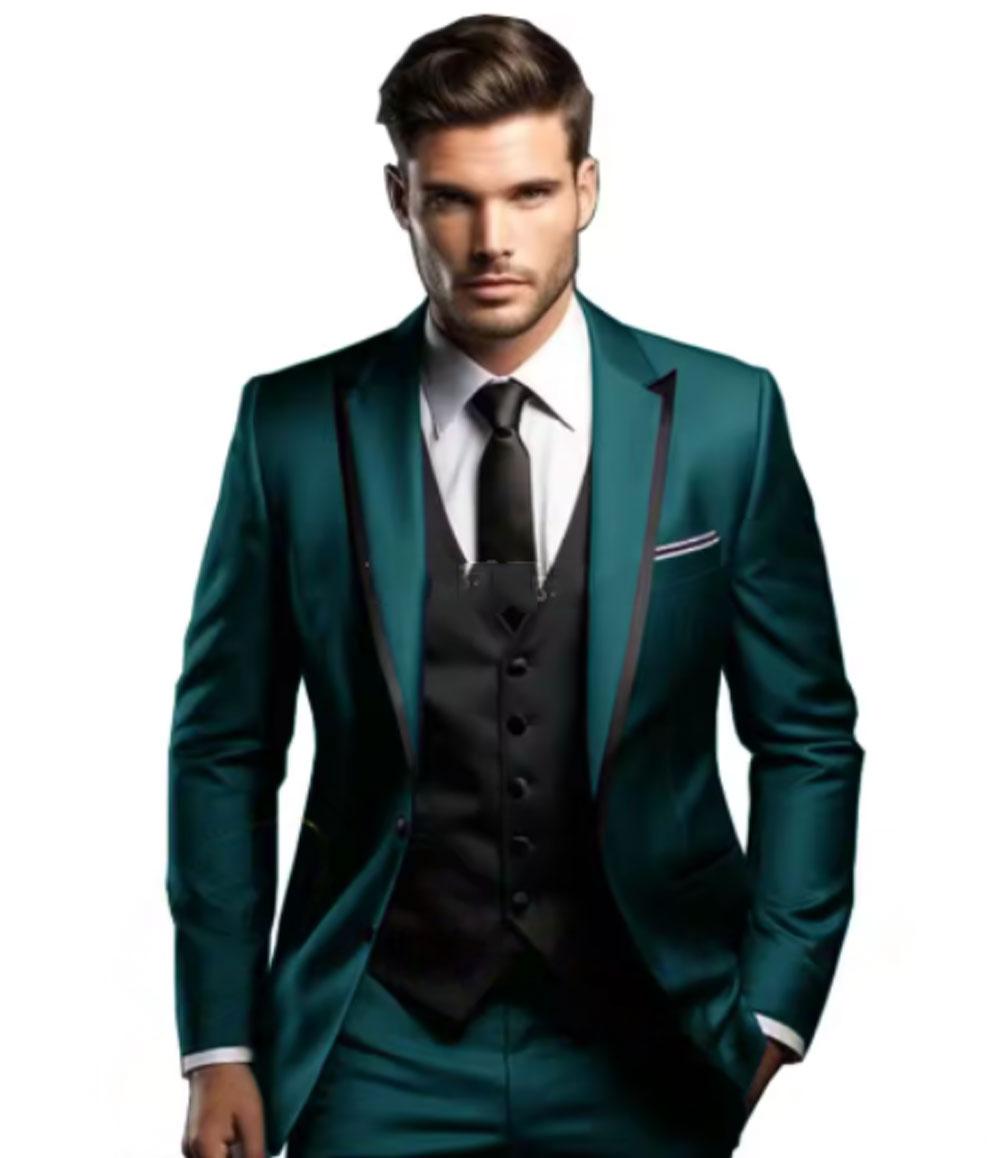 

Мужские костюмы из 3 предметов, шикарный однобортный мужской костюм с заостренными лацканами, тонкий однотонный модный деловой повседневный свадебный смокинг 5XL чёрный/общий виридийский