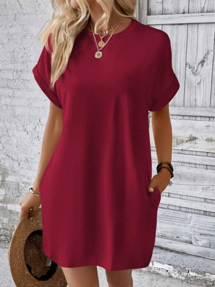Women's Casual Crew Neck T-Shirt Dress, Loose Fit Short Sleeve Mini Dress with Pockets for Summer Daily Wear