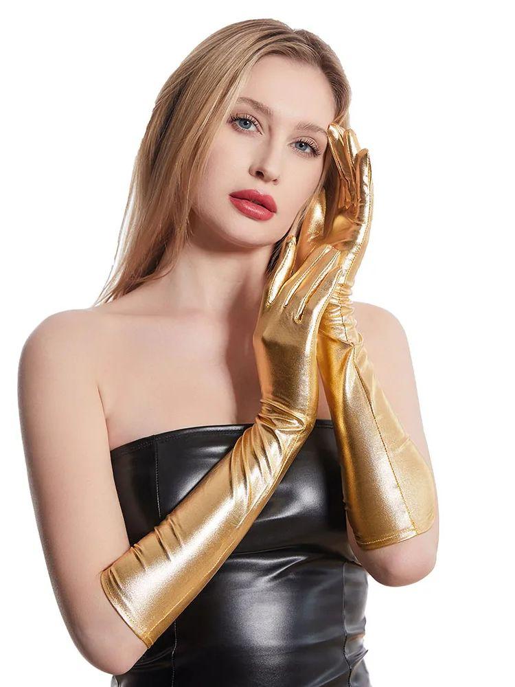 Gold Silber Schwarz Lackleder Damen Sexy 45cm Lange Handschuhe Tanzaufführung Party Halloween Cosplay Club Kostüm Zubehör