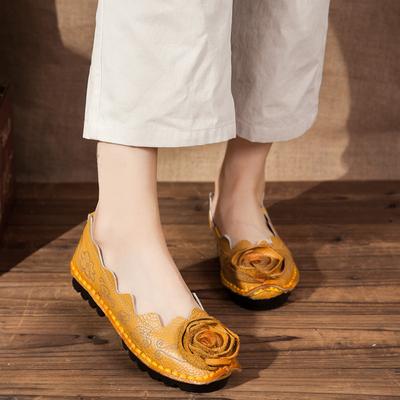 Women's Loafer Flats Shoes Handmade Women Genuine Leather Shoes Autumn Rose Flowers Ballet Flats Shoes Woman Zapatos