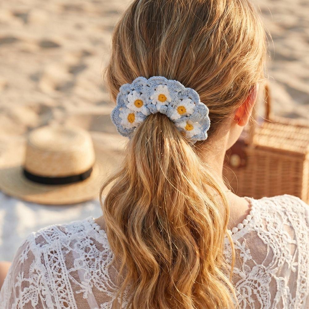 Bohemian Style Knitted Hair Rope Flores Ponytail Hair Band Crocheted Flower Scrunchies  Women