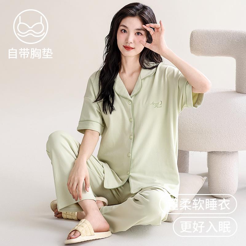 Women's summer pajamas with chest pads, short-sleeved trousers, cardigan, solid color, large size, premium simple cotton loungewear set