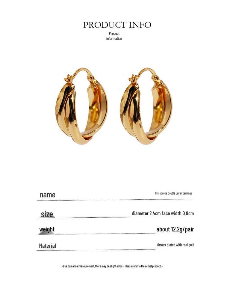 Chic Double-Line Cross Circular Earrings - Women's Fashion Metal Hoops