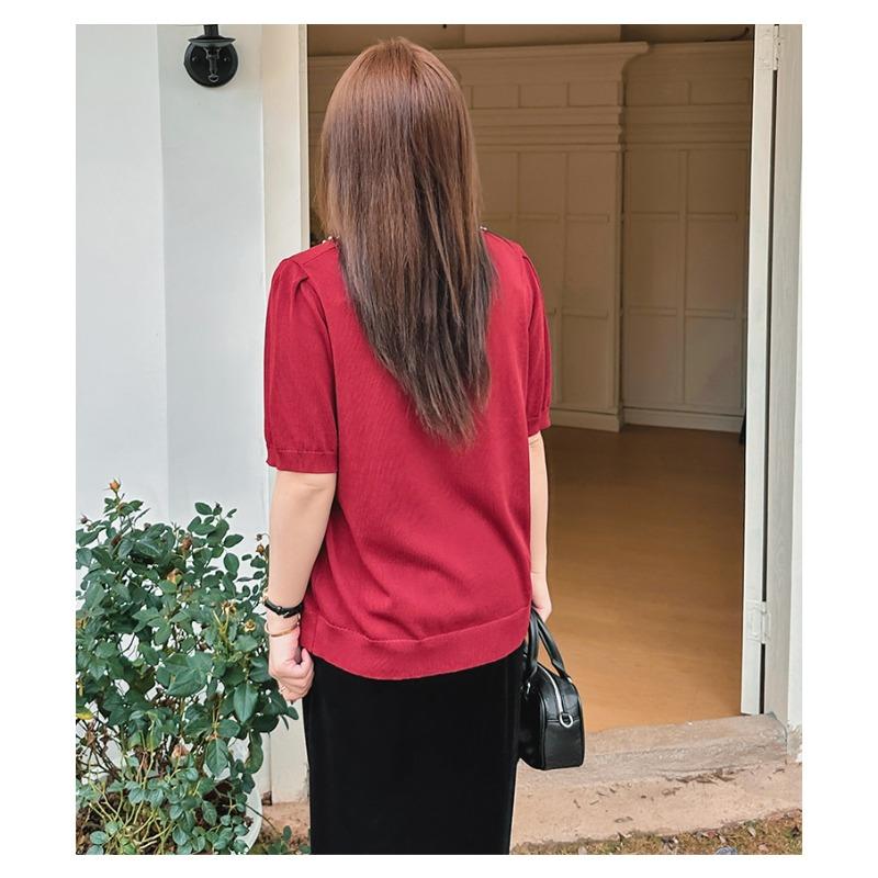 Plus Size T-shirt Women's Beaded Square Neck Blouse Spring Summer Loose Short-sleeved T-shirt Knitwear