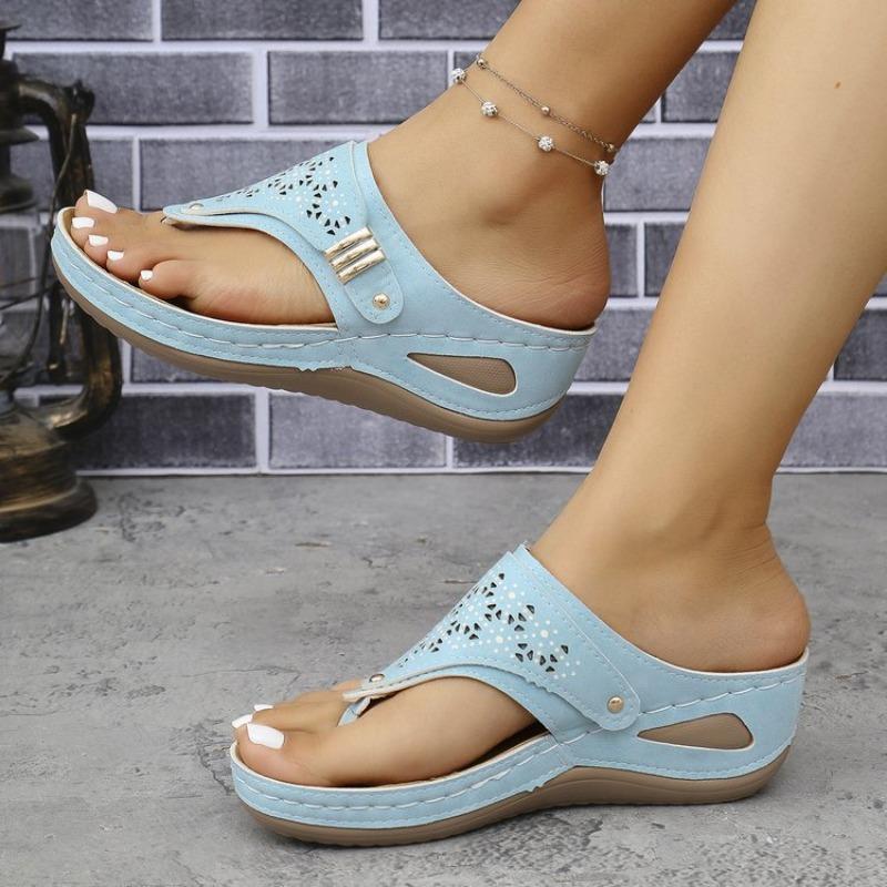 Large size solid color summer new round head thick bottom fashion hollow out wear flip-flop sandals women