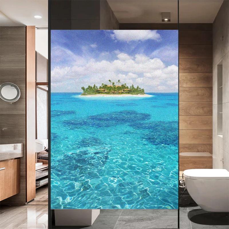 Window Film Privacy Frosted Glass Sticker Heat Insulation and Sunscreen Seascape window stickers glass stickers 40x60cm