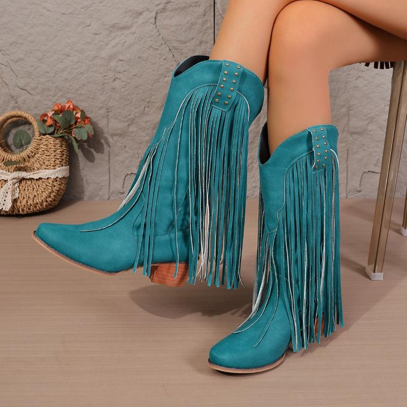 Retro Rivet Tassels Long Boots Fringe Western Cowboy Boots Women 2025 Vintage Woman Chunky Heels Casual Boot Slip on Shoes Femal