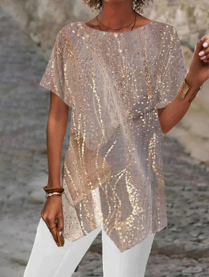 Haut Tunique Ample à Manches Courtes et Imprimé Géométrique Abstrait à Ourlet Irrégulier pour Femme Blouse Décontractée