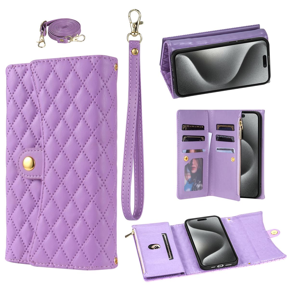 

BKS-002 For iPhone 17 Wallet Case PU Leather Stand Phone Cover with Shoulder Strap Purple