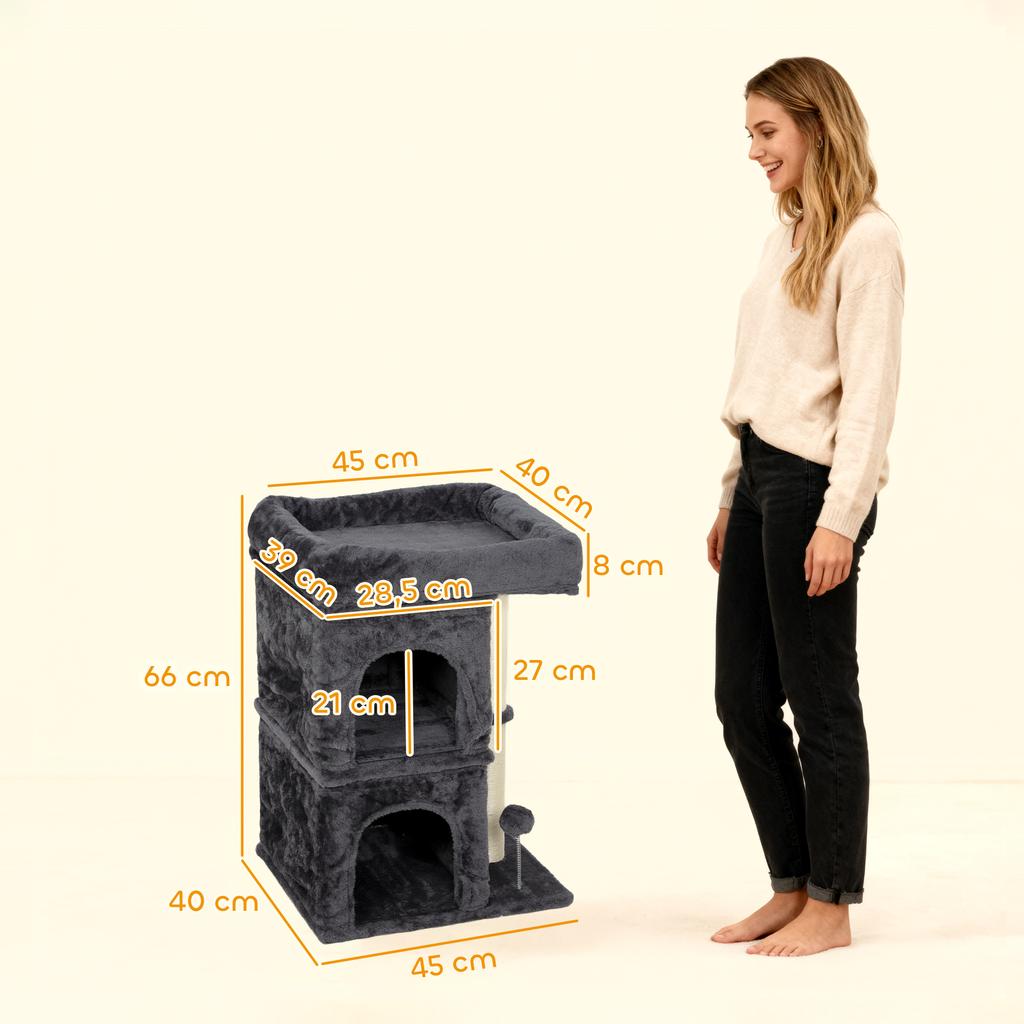 66 Cm Small Cat Tree for Large Cats, Cat Tower W/ Large Top Perch, 2 Condos, Sisal Scratching Post, Toy Ball, Dark Grey
