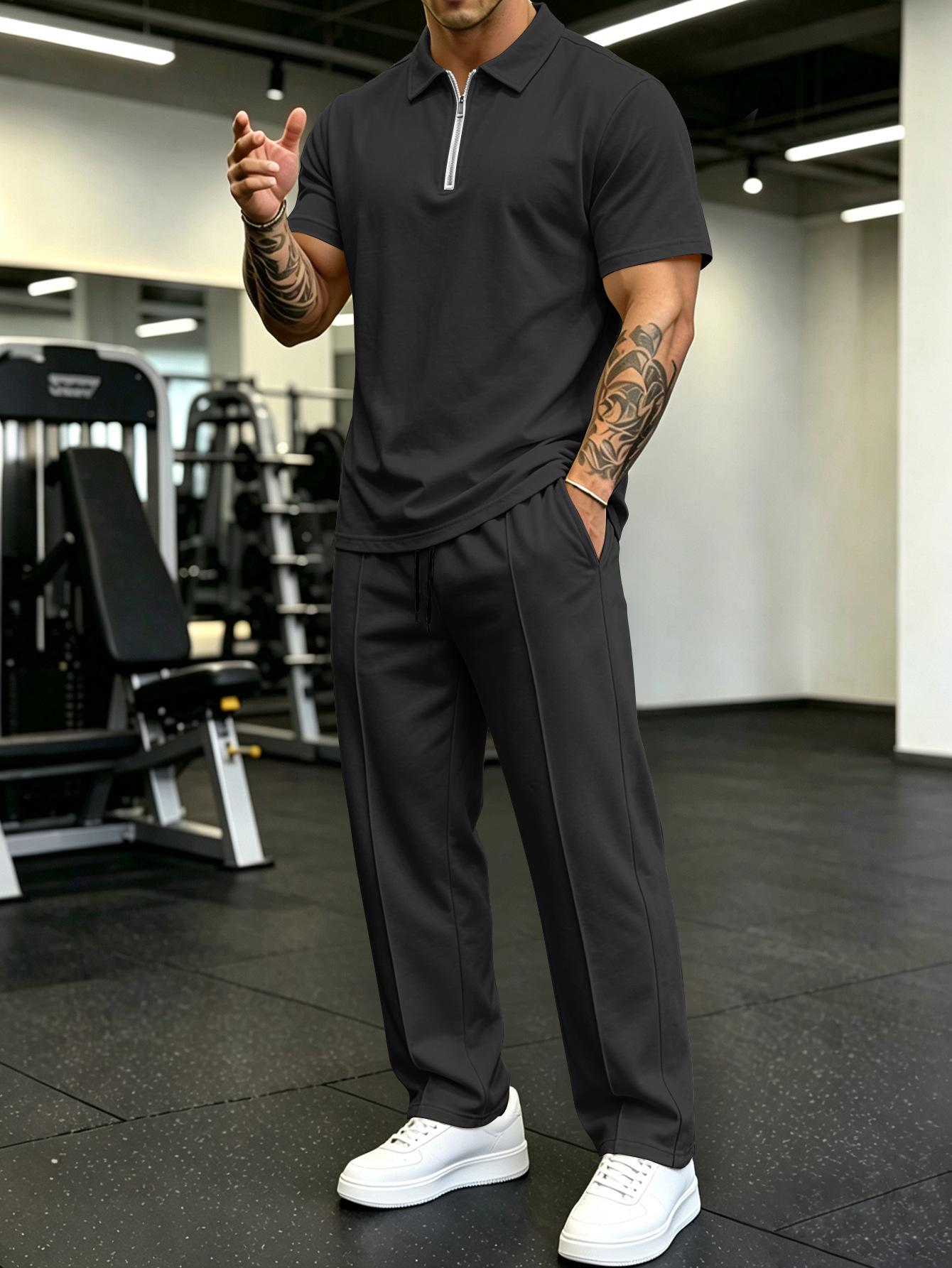 Herren-Sommer-Sportanzug 2026: Lässiges Revers-Reißverschluss-Polohemd & Lange Hose XXL schwarz