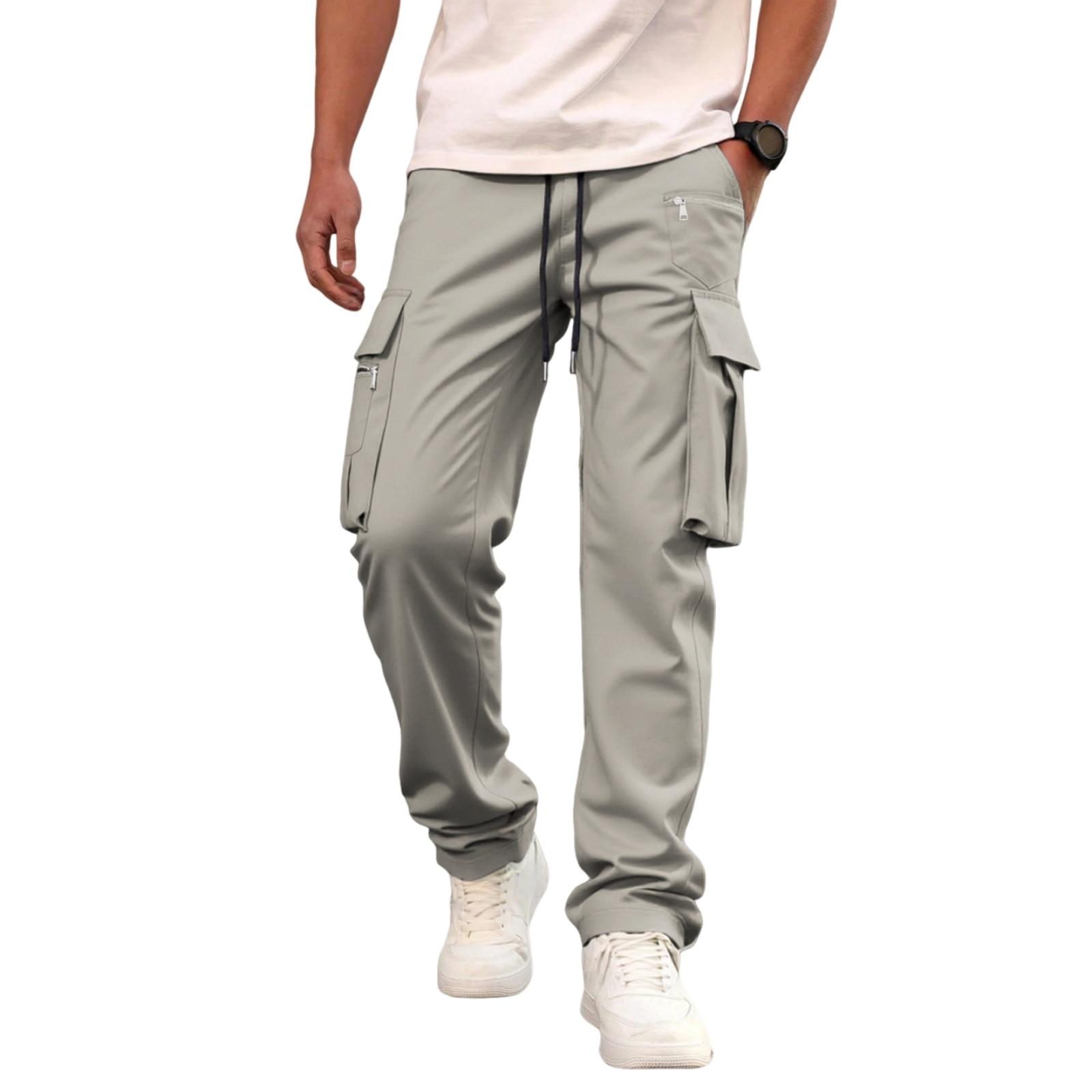 Men s Loose Fit Multi-Pocket Casual Cargo Pants L бежевый