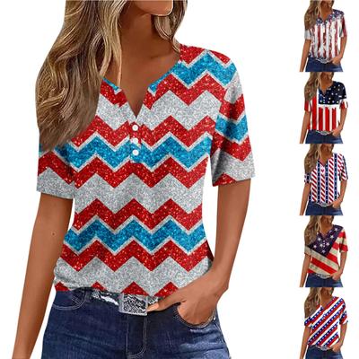 Camiseta de mujer Camiseta con estampado del Día de la Independencia Botón de manga corta Diario Fin de semana Moda Básica Cuello en V Top regular