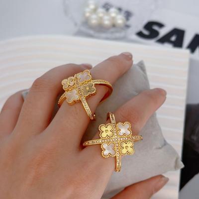 Light Luxury Niche Zircon Flower Four-Leaf Clover Ring Style High-End Design Ring