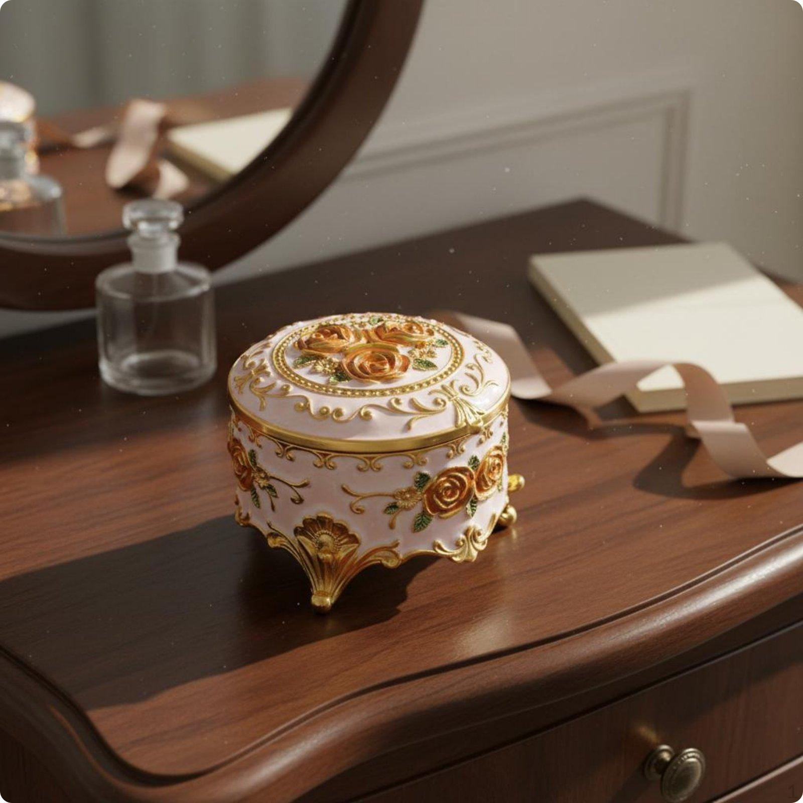 flower Enamel Jewelry Box Trim Timeless Blossom Trinket Antique Finish Ornate Metal Case Gold White Orange