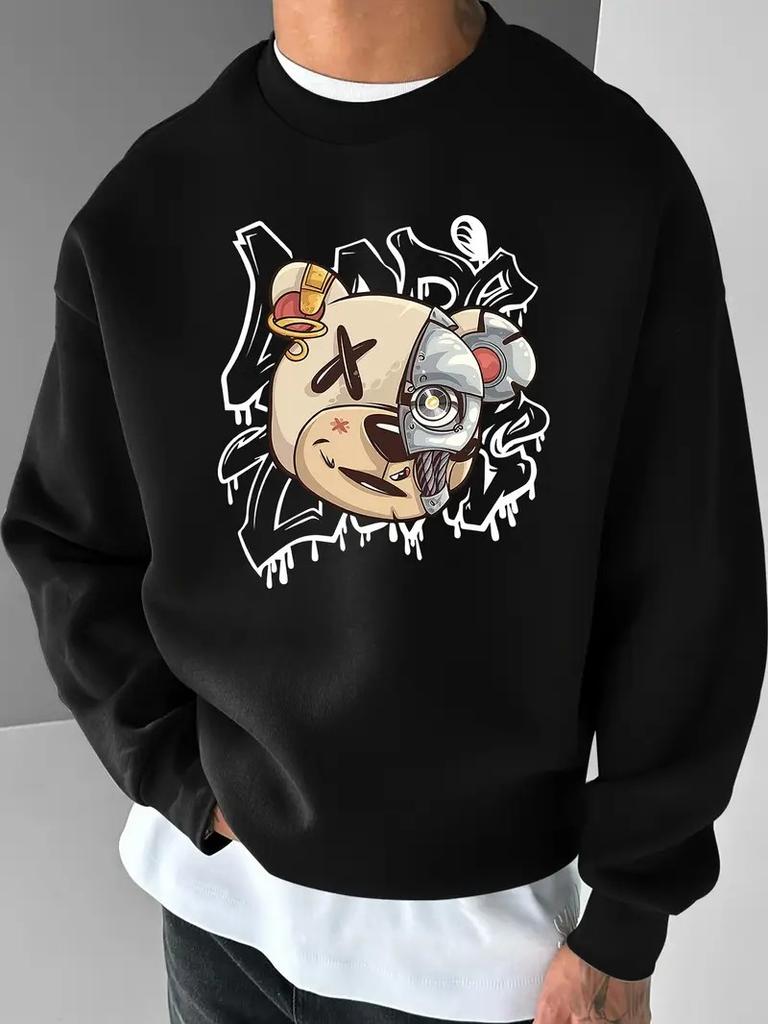 Der Herren-Kapuzenpullover mit Rundhalsausschnitt für Frühling und Herbst zeichnet sich durch einen lässigen und bequemen 3D-Bärenaufdruck auf der Straße aus.