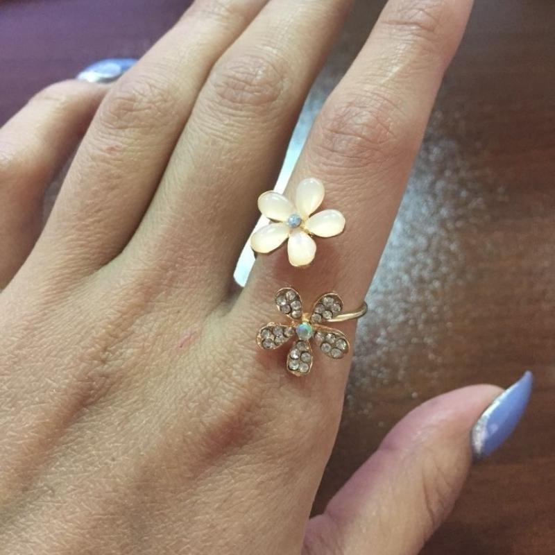 Cincin Pembukaan Opal Bunga, Boleh Laras, Untuk Wanita, Rekaan Daisy Kecil, Set 2 Keping
