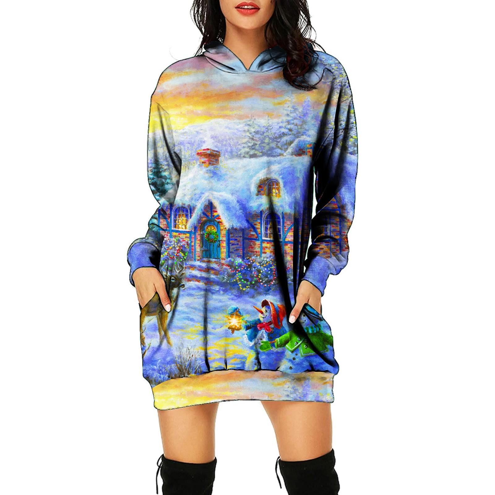 

Женское осеннее и зимнее платье-толстовка с капюшоном, платье с рождественским принтом M синий