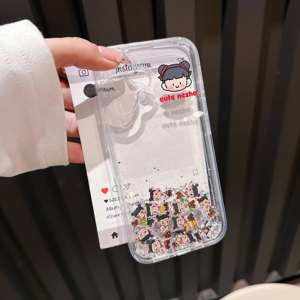 Applicable iPhone16Pro Quicksand Nezha Mobile Phone Case Internet Celebrity Cartoon Apple 15 Transparent Anti-drop 14 Protective Case