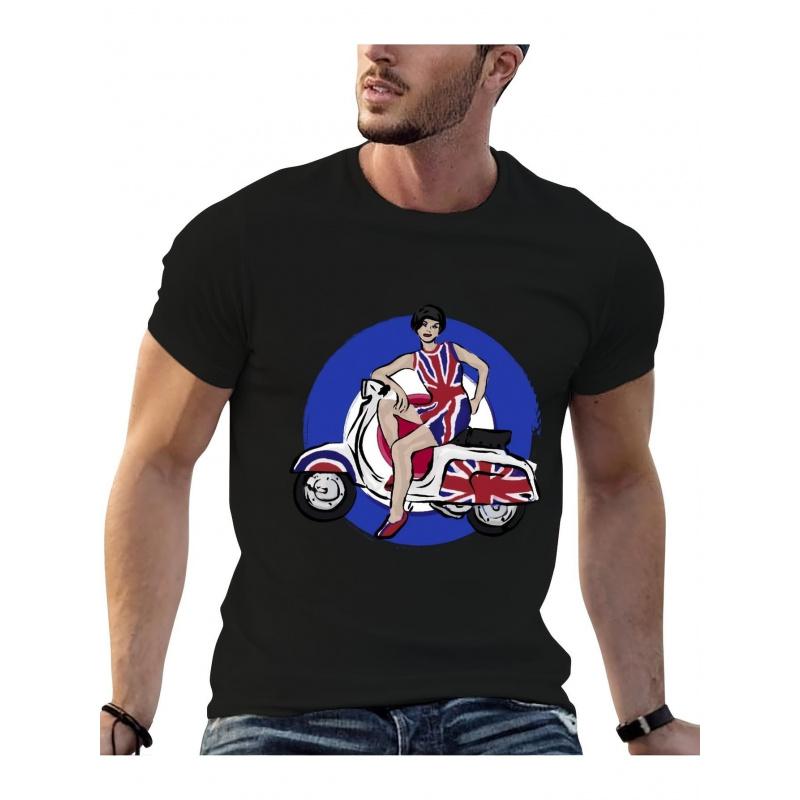 Men'S Black Retro 60S British Mod Scooter Girl Graphic Tee Available Online, Featuring Anime Designs And The UK Union Jack. This Heavyweight Vintage