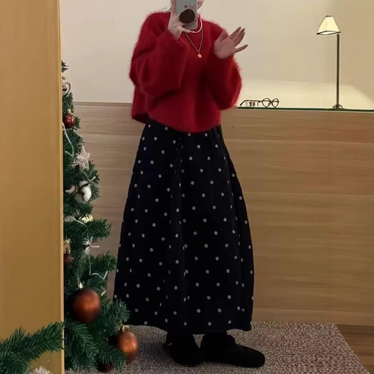 Korean Style Red Knit Sweater & Polka Dot Skirt Two-Piece Set for Autumn & Winter Holidays S