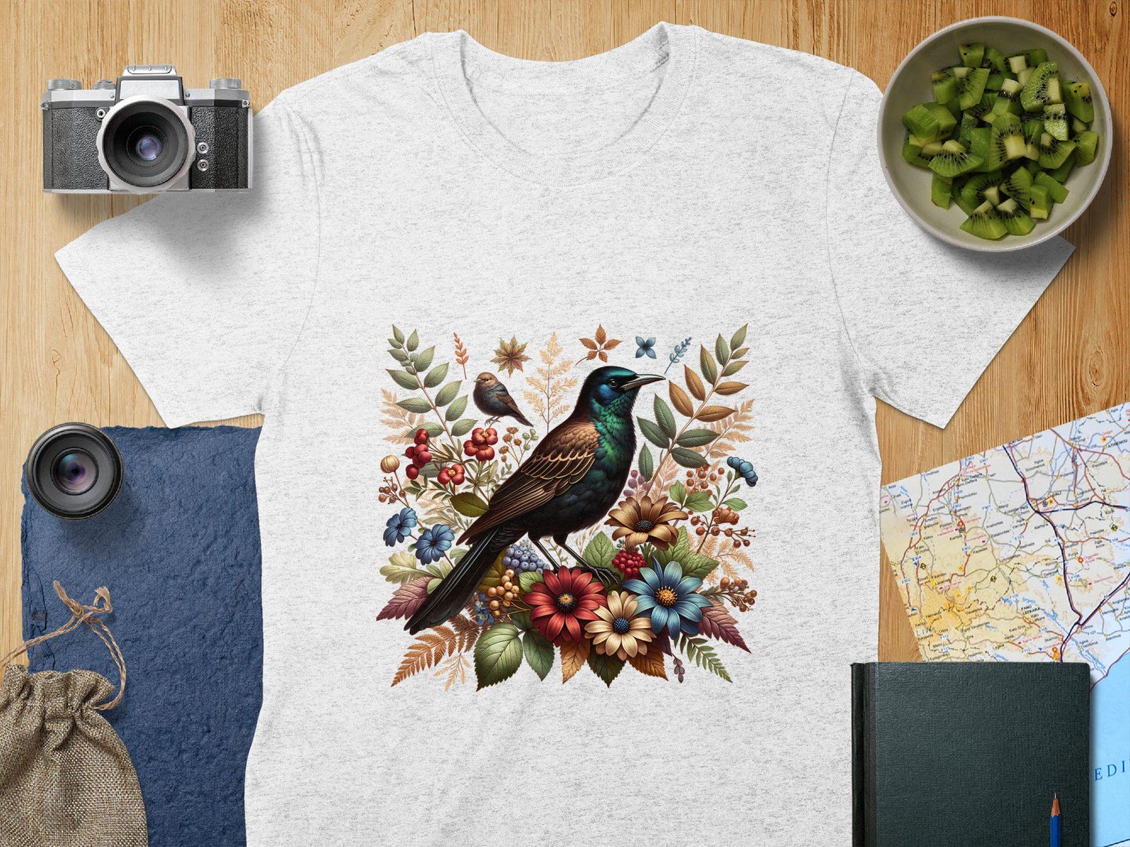 Common Grackle Colorful Birds and Winter Floral T-Shirt, Bird Watcher Wildlife Tee, Nature Inspired Bird Lover Gift, Botanical Floral Shirt L