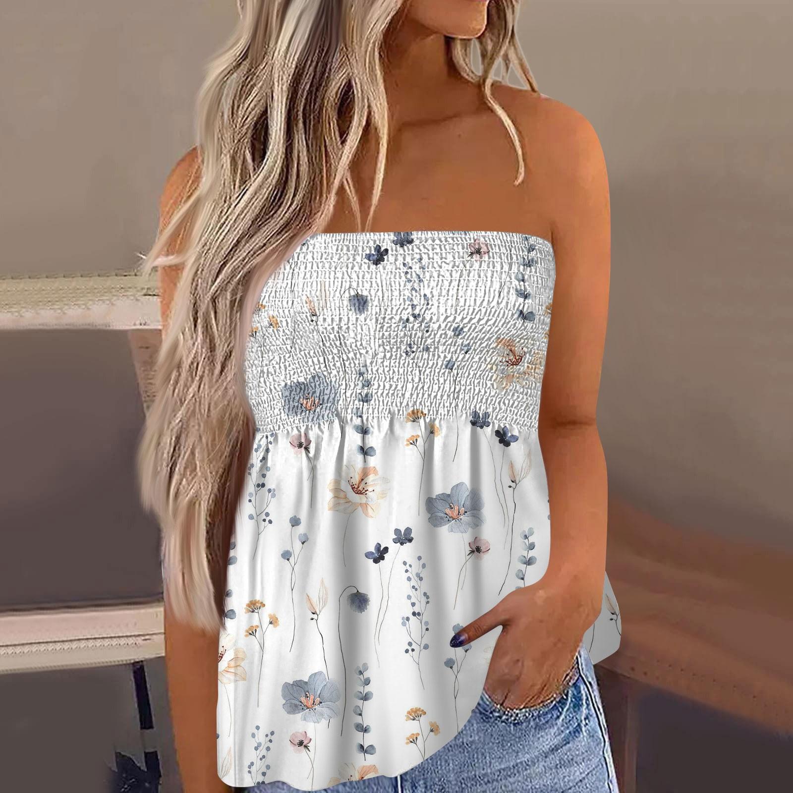 

2024 топы для женщин, милая сексуальная футболка без рукавов с открытыми плечами и цветочным принтом XXL белый