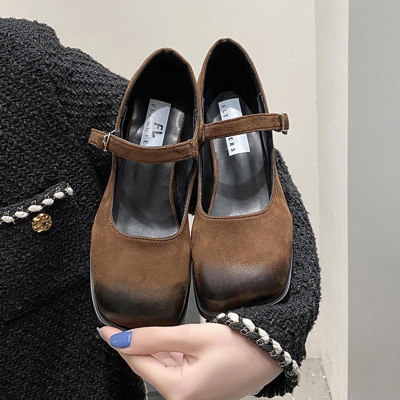 Mary Jane Shoes Women's Autumn and Winter 2024 New French One-word Buckle High Heels Square Head Light Mouth Thick Heel Versatile Single Shoes