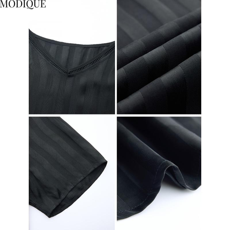 MODIQUE Spring Summer Plus Size New Women Loose Vintage Solid Black  Stripe Blouse Shirts Female Casual Oversize Short Sleeve V-Neck Top