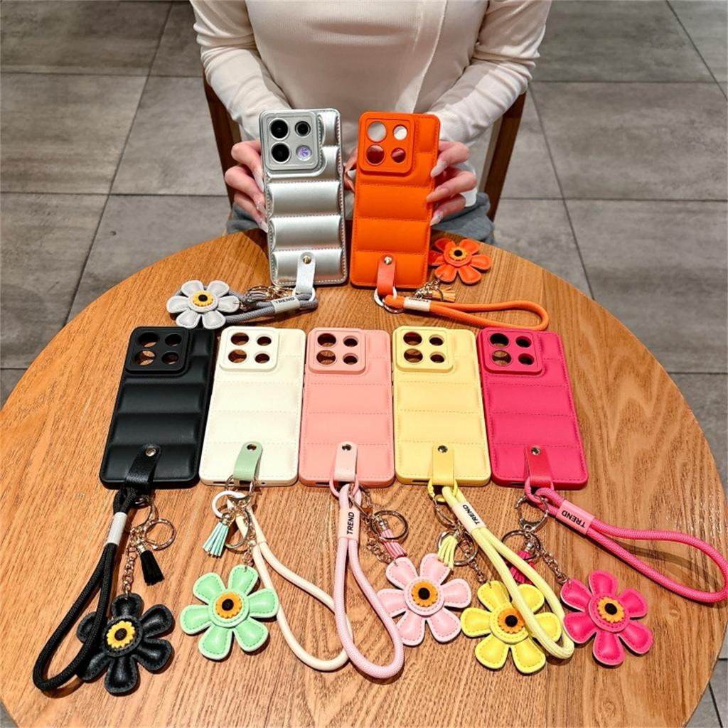 Luxury Soft Down Jacket Sunflower Wrist Strap Phone Case for Xiaomi Redmi Note 14 13 12 Pro Redmi 12 14C 13C Protective Cover