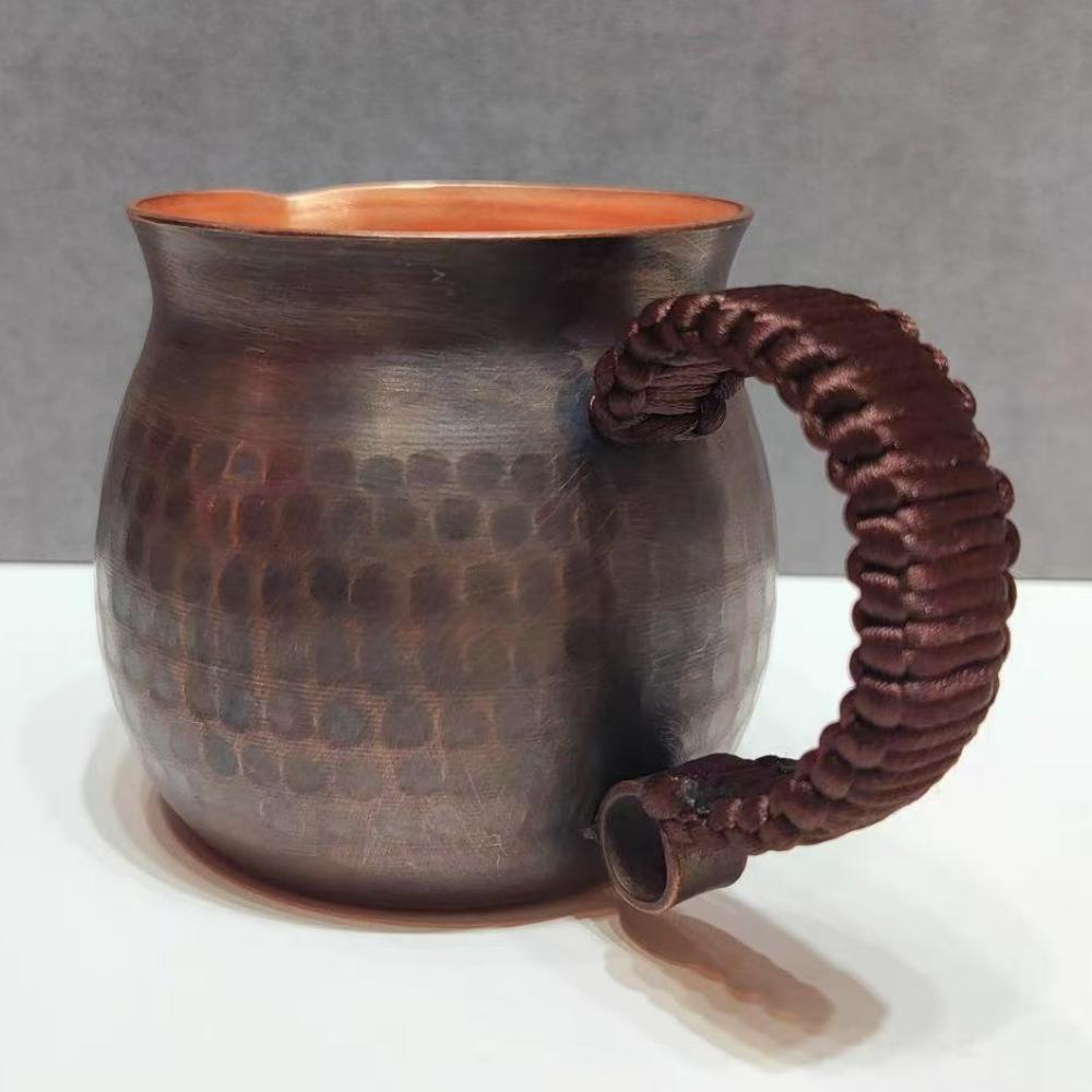 Vintage Pure Copper Coffee Cup,Handcrafted Thickened Engraving Hammer Texture Woven Handle 300 ml Beer Mug,Tea Cup Tableware