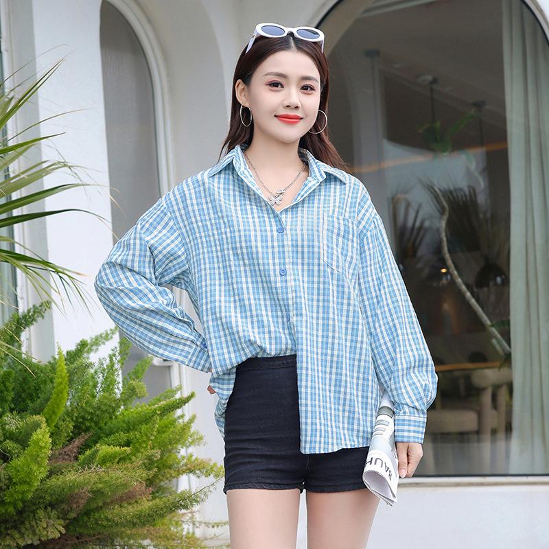 New Long-sleeved Plaid Shirt Women's Spring and Autumn Thin Casual Style Simple Design Loose and Thin Versatile Shirt