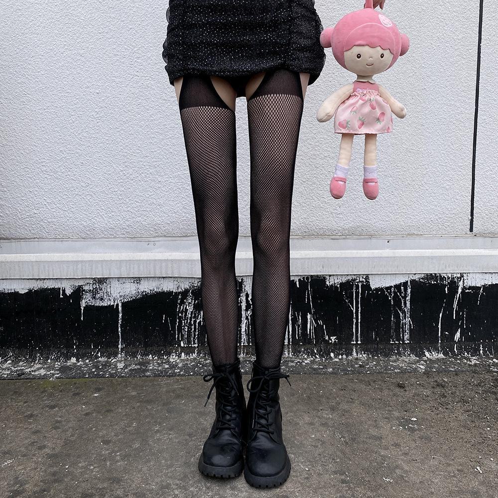 Sexy Black Fishnet Stockings with Lace Detail - One-Piece Long Tube Design