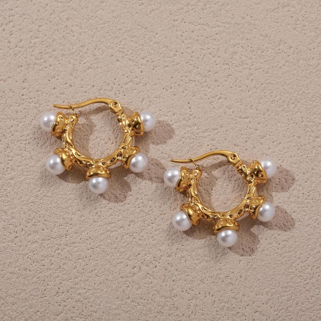 304 Stainless Steel Textured Round Ring Faux Pearl Retro Earring Backs for Women
