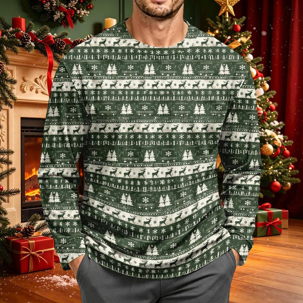 Men's Corduroy Long Sleeve Crewneck Top with Christmas Print for Holiday Casual Wear