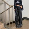 Plus Size Women's Black PU Leather High Waist Straight Leg Pants - Loose, Floor-Length, Wide/Narrow Leg Style for Spring/Autumn.