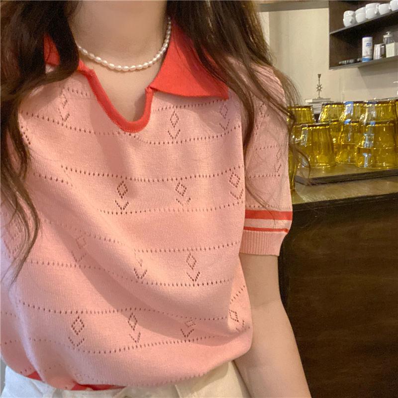 

Летняя корейская версия контрастного цвета темперамент воротник поло облегающий повседневный универсальный вязаный свитер топ для студенток тренд M