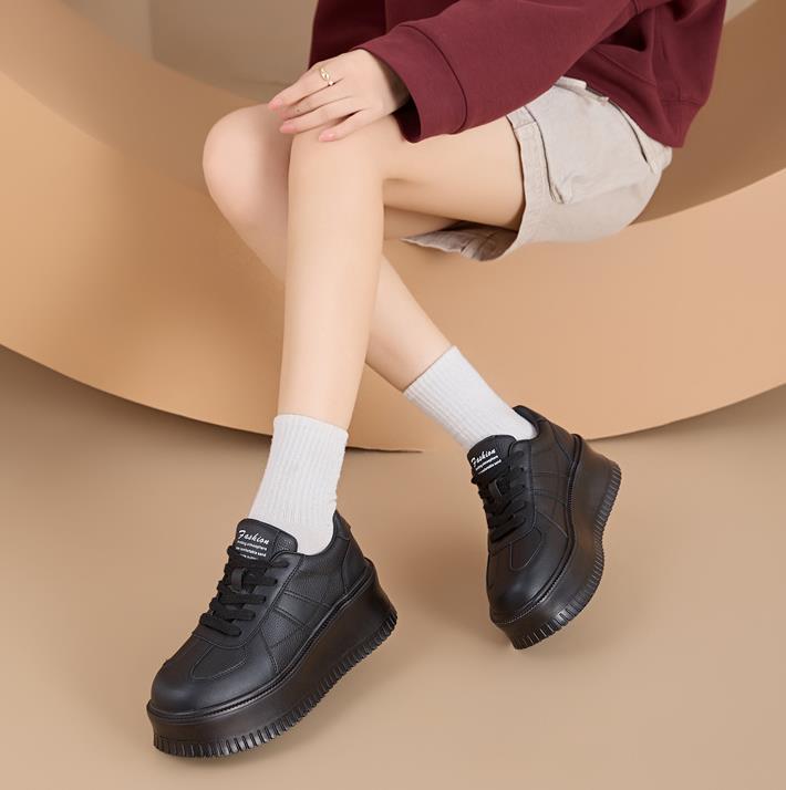 Fashion 6CM Genuine Leather Women's Casual Thick Bottom Sneakers Spring Style Versatile Student Fashionable Board Shoes Upper Lace-Up