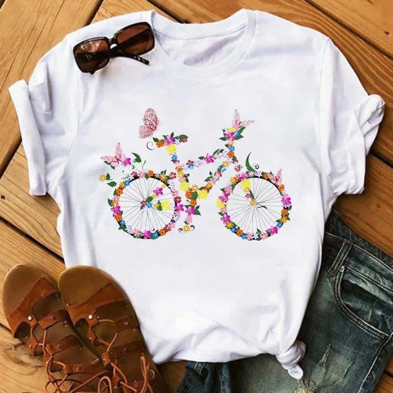Bicycle Flower Print Tshirt Short Sleeve Round Neck Womens Dress Tops Graphic T Shirts Aesthetic Aesthetic Clothes Kawaii