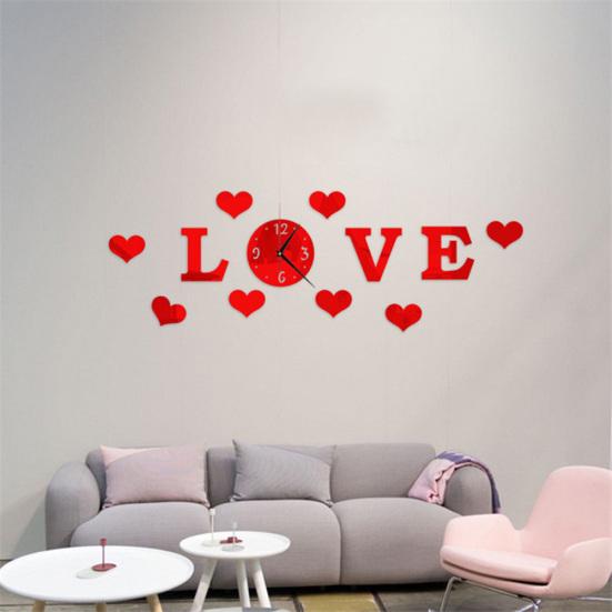 Mirror Effect 3D Clock Love Heart Wall Analog Sticker DIY Home