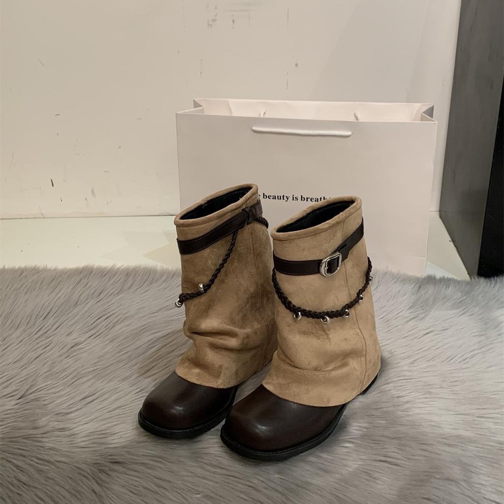 Skinny Martin boots women's spring new flat-bottomed huge-looking stacked pants tube boots suede belt buckle cigarette tube short boots