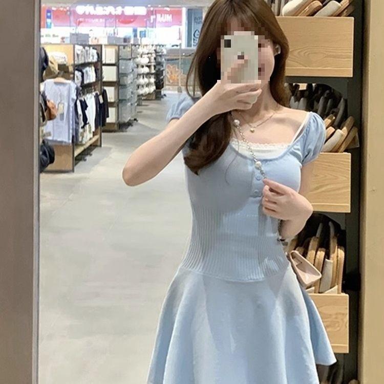 Wanna close waist knitted dress slim summer ice silk skirt sweet bubble sleeve square neck skirt, summer