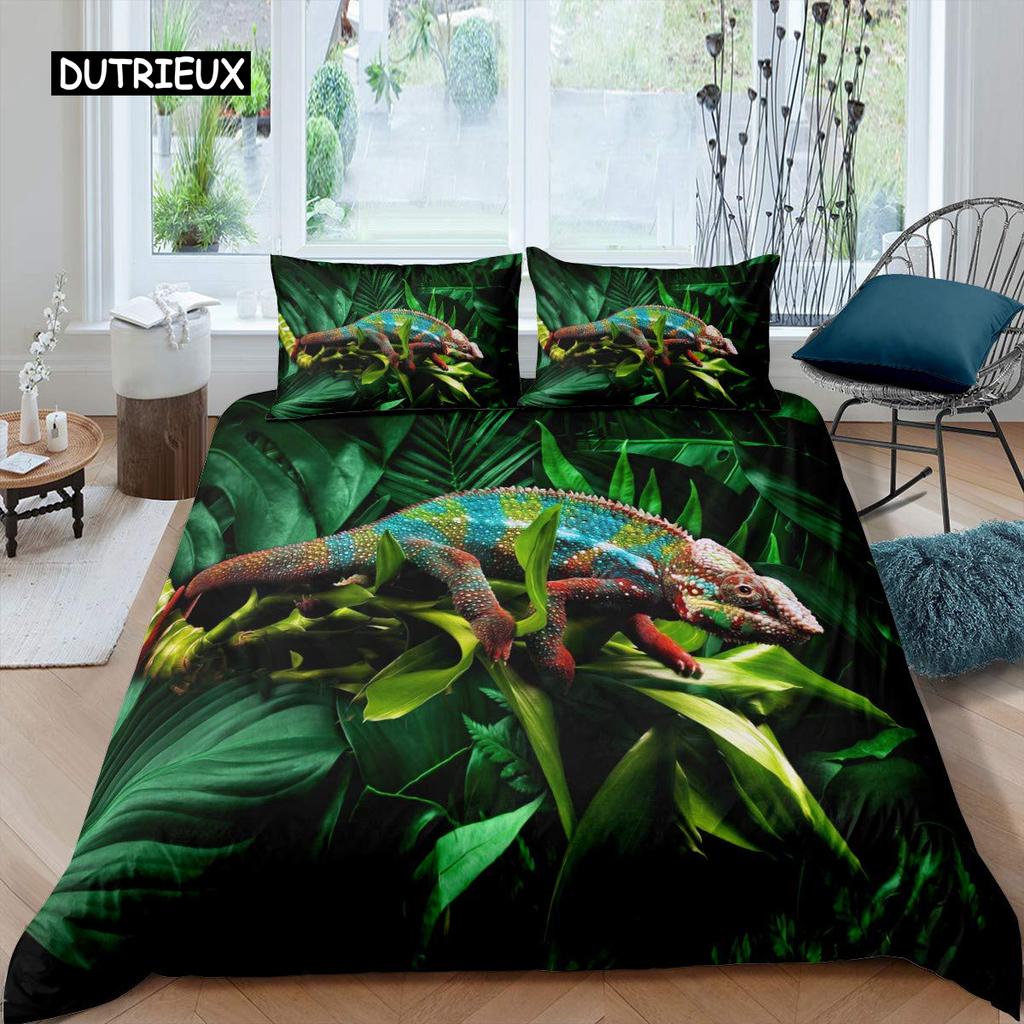 Chameleon Duvet Cover Set 3D Wild Animal Theme Twin Bedding Set Wildlife Comforter Cover Boys Green Leaf Polyester Quilt Cover