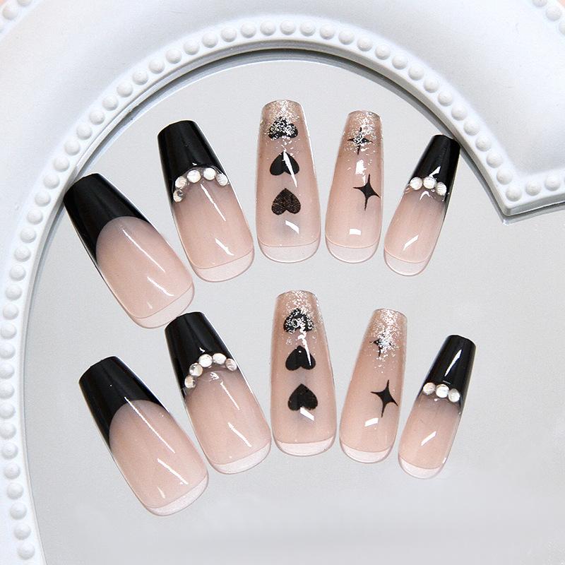 Black sparkling diamond French love star medium and long ballet nail, sweet, cool and fashionable European and American ins style wearing armor 24 