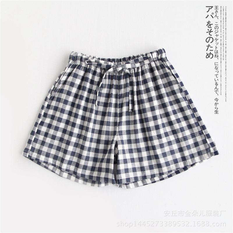 Paarshorts Sommerpyjama Damen neue dünne Pyjamahose kariert japanisch frisch mehrfarbig doppellagiges Baumwollgarn Hausanzugshose